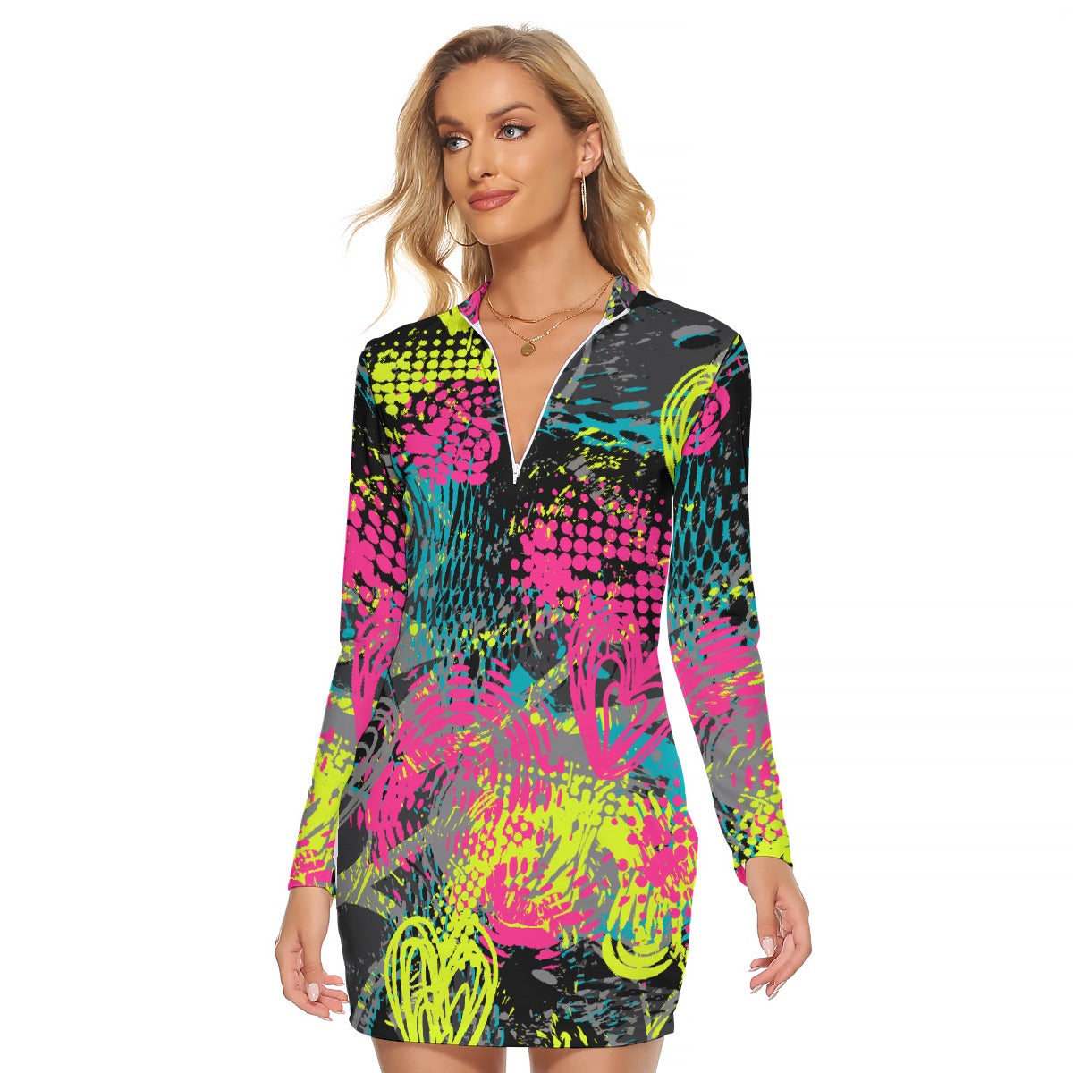 All-Over Print Women's Zip Front Tight Dress