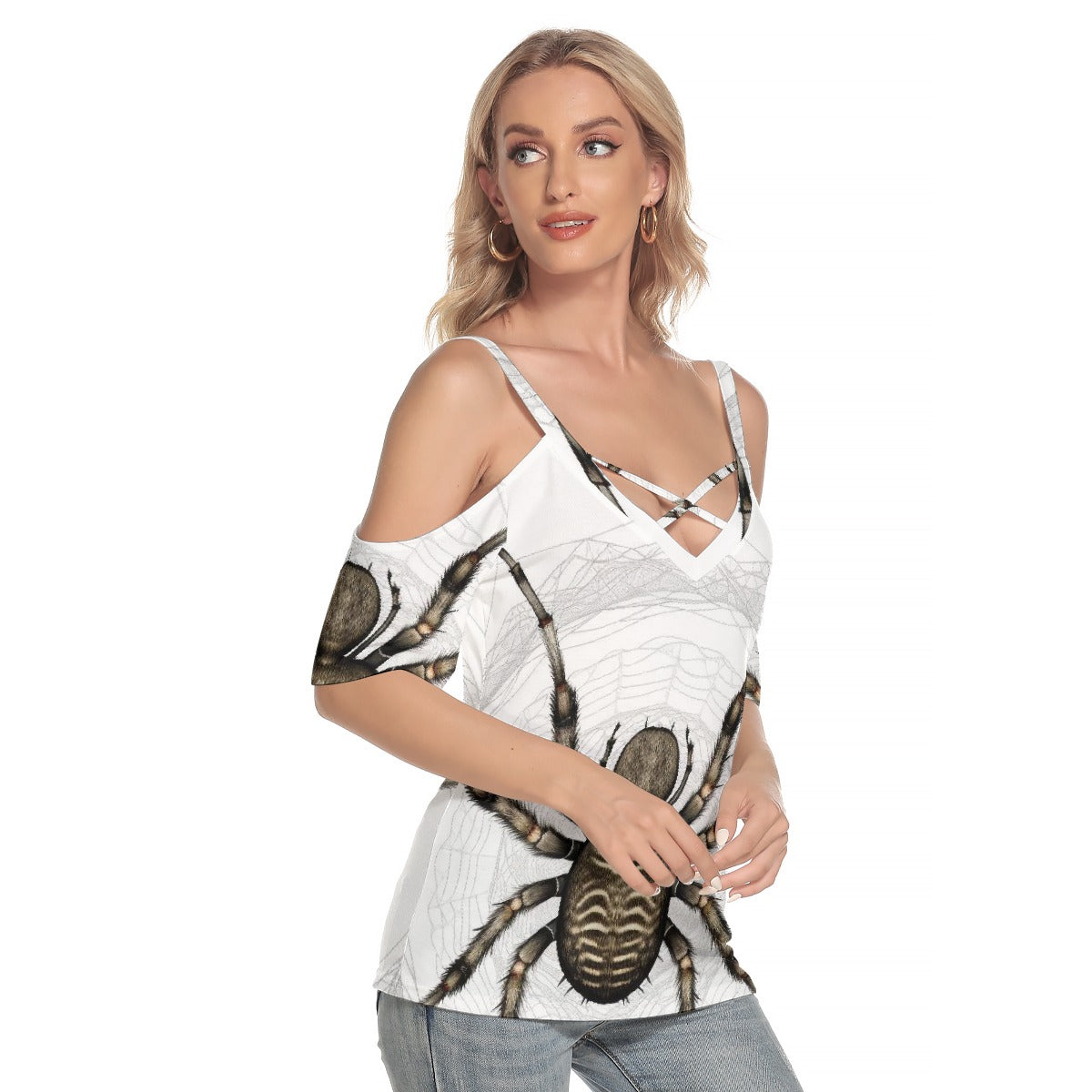 All-Over Print Women's Cold Shoulder T-shirt With Criss Cross Strips