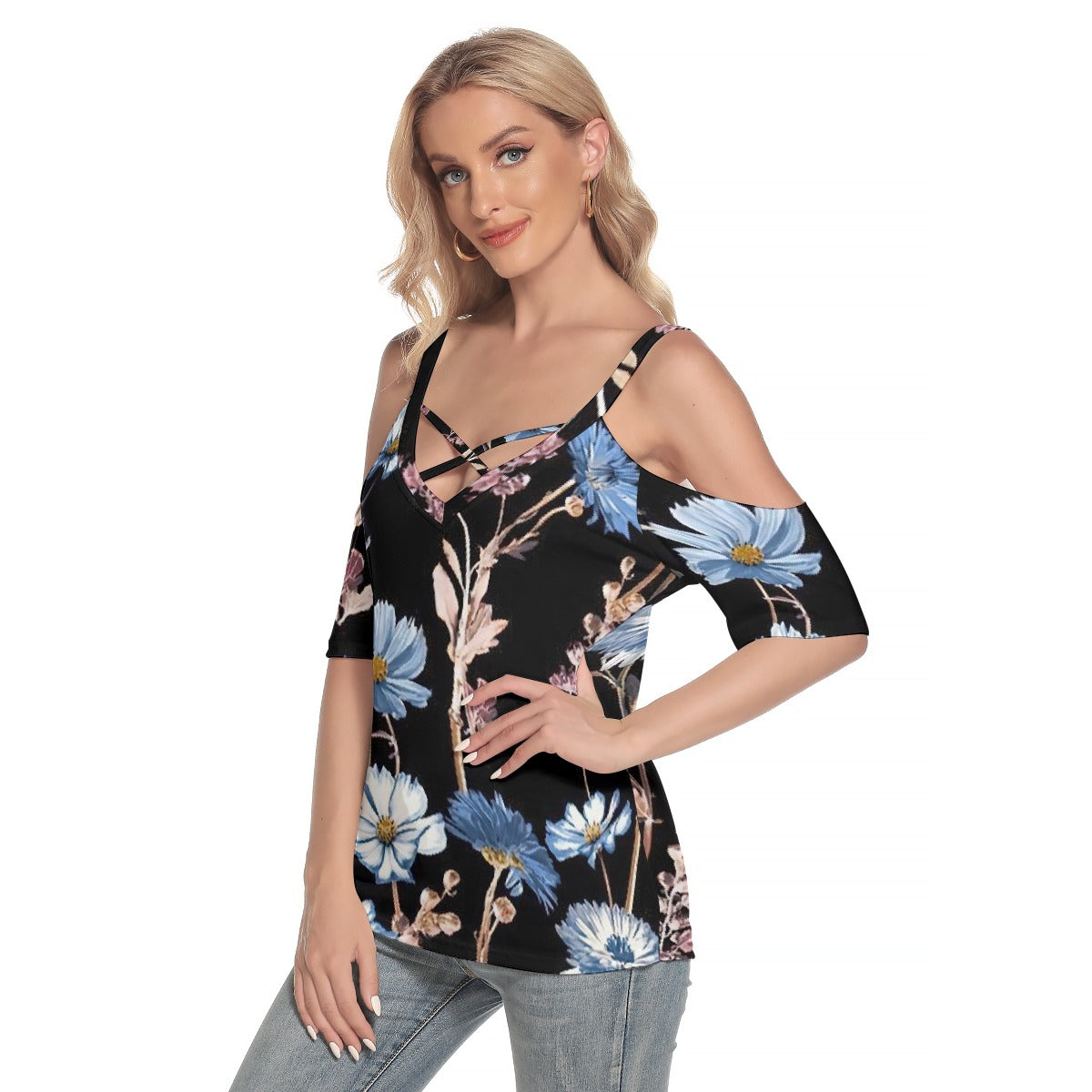 All-Over Print Women's Cold Shoulder T-shirt With Criss Cross Strips