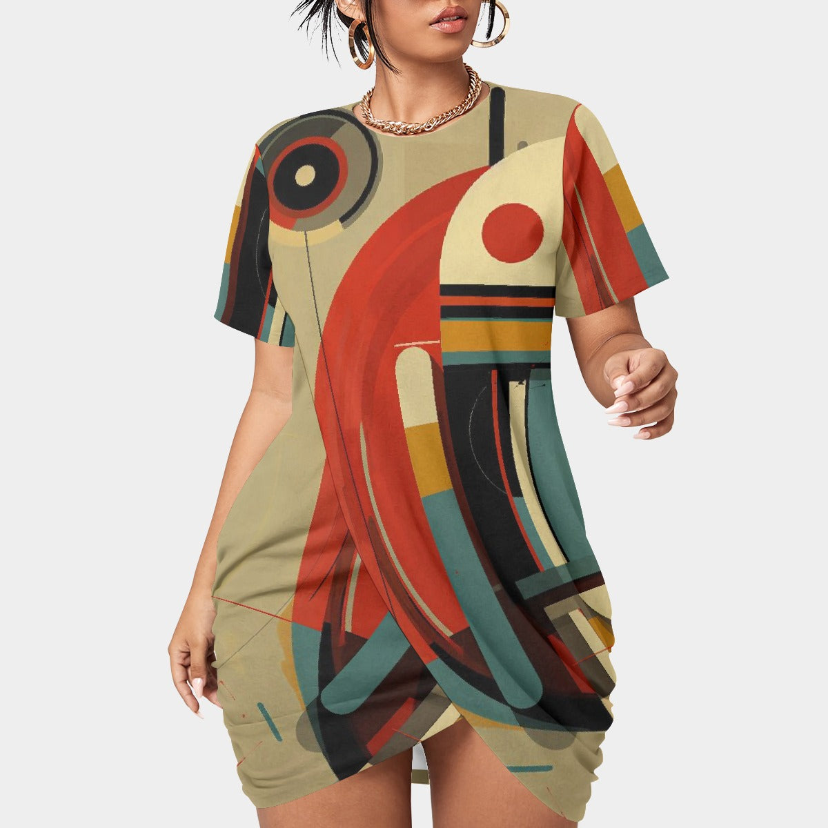 All-Over Print Women’s Stacked Hem Dress With Short Sleeve（Plus Size）