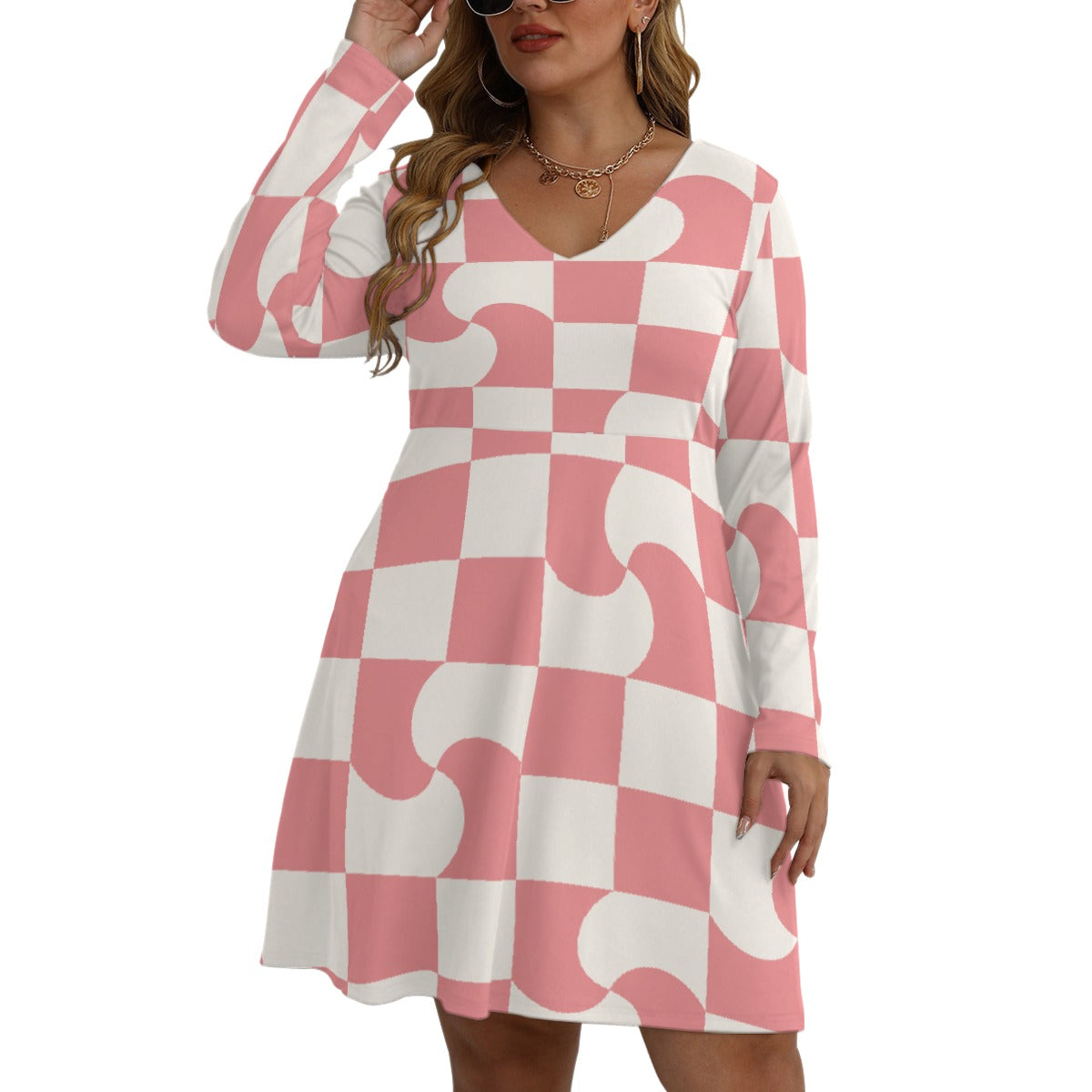 All-Over Print Women's V-neck Long Sleeve Dress(Plus Size)