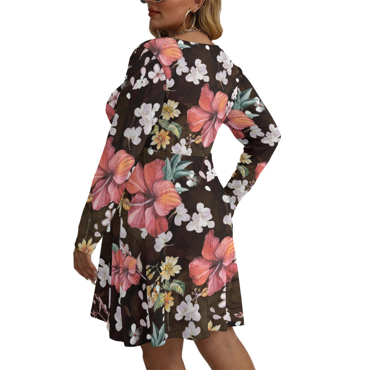 All-Over Print Women's V-neck Long Sleeve Dress(Plus Size)