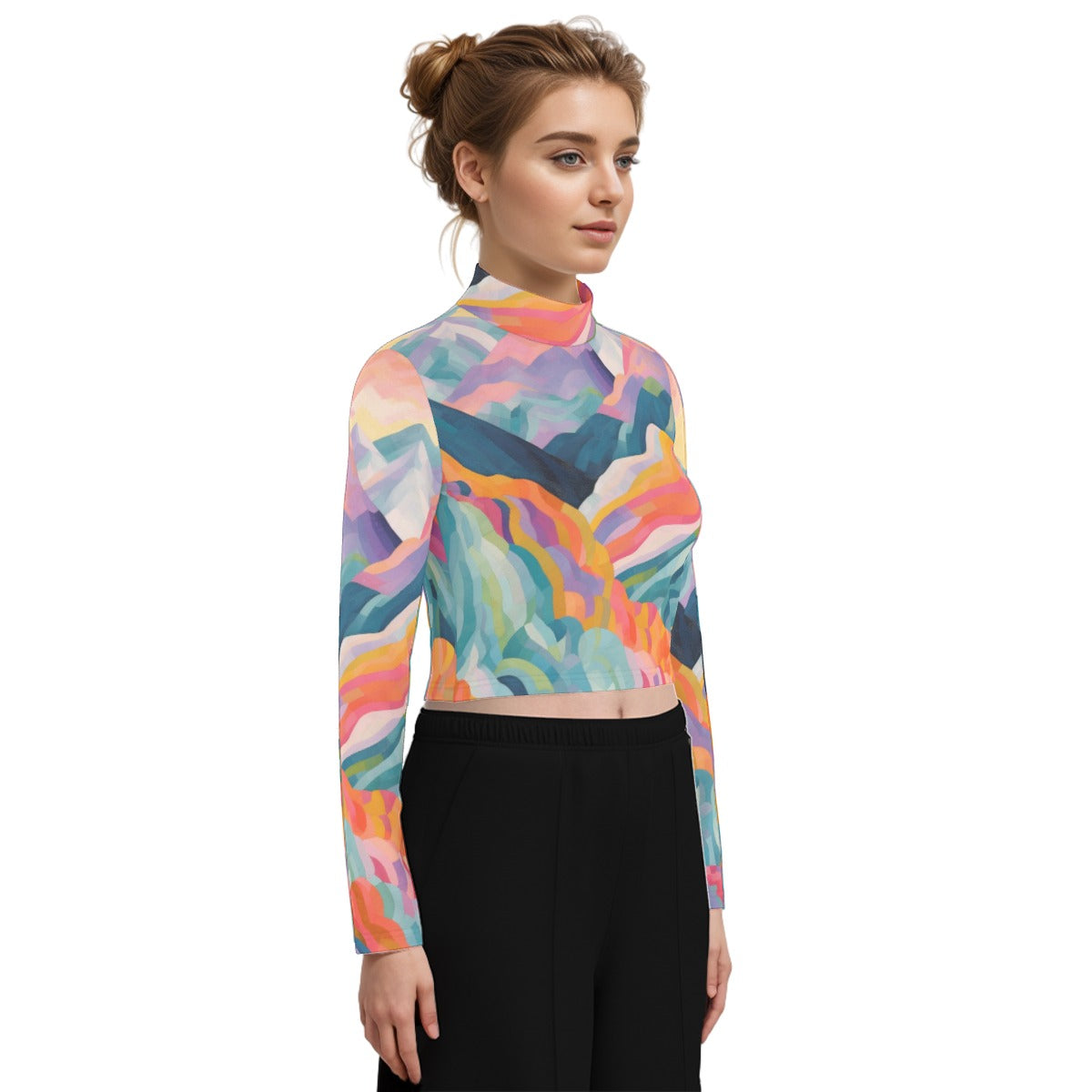 Eco-Friendly All-Over Print Women's Turtleneck T-shirt With Long Sleeve