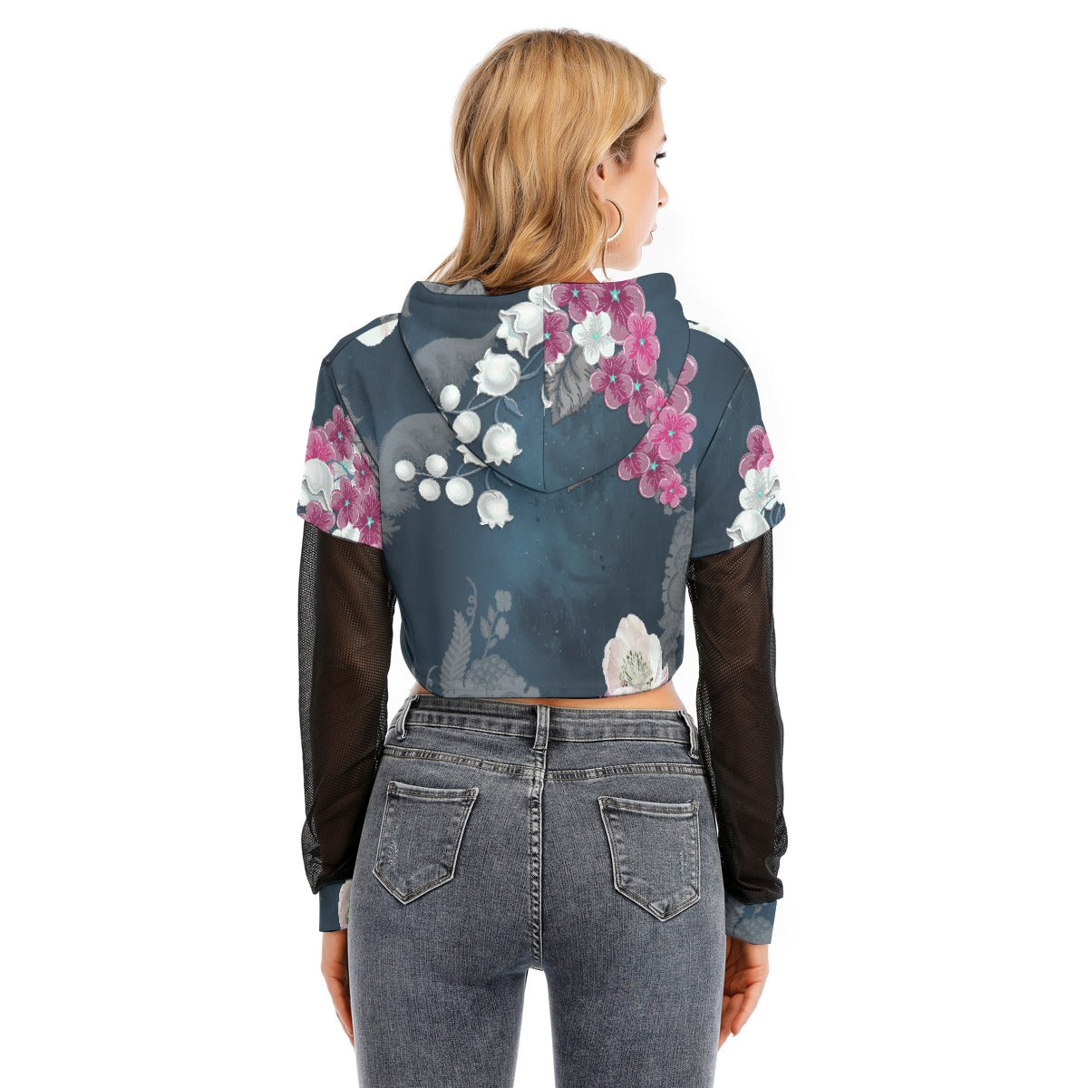 All-Over Print Women's Fake Two-piece Mesh Sleeve Cropped Hoodie