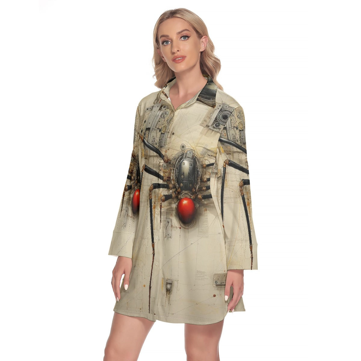 All-Over Print Women's Lapel Shirt Dress With Long Sleeve