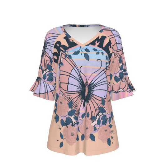 All-Over Print V-neck Women's T-shirt With Bell Sleeve