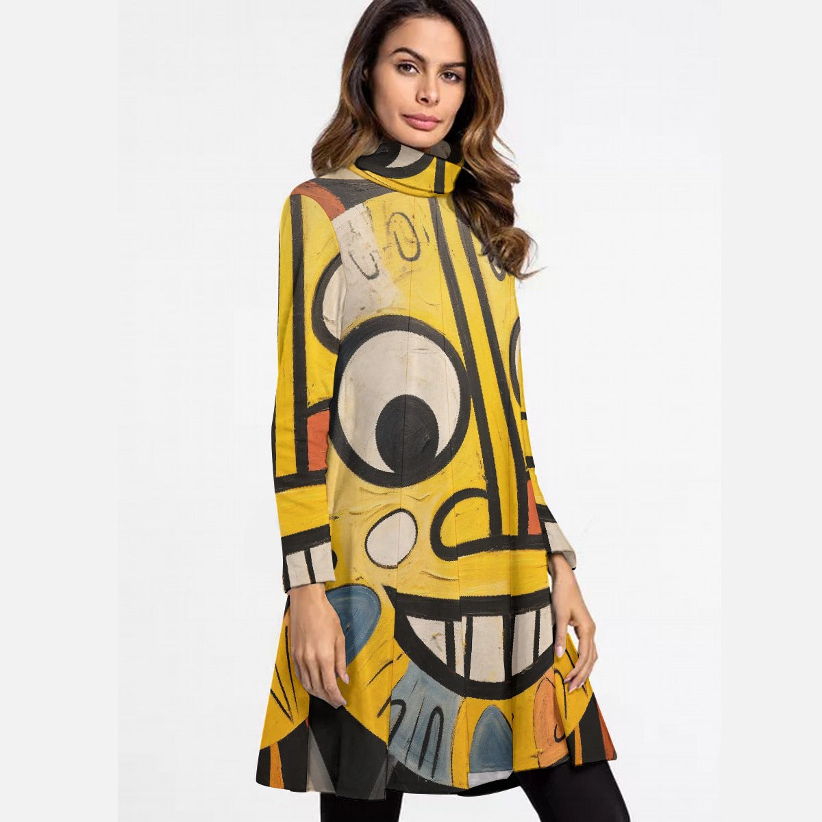 All-Over Print Women's High Neck Dress With Long Sleeve