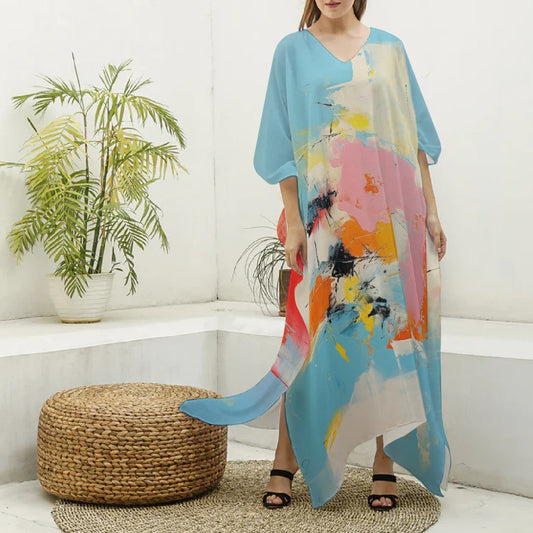 All-Over Print Women's Imitation Silk V-neck Kaftan Robe