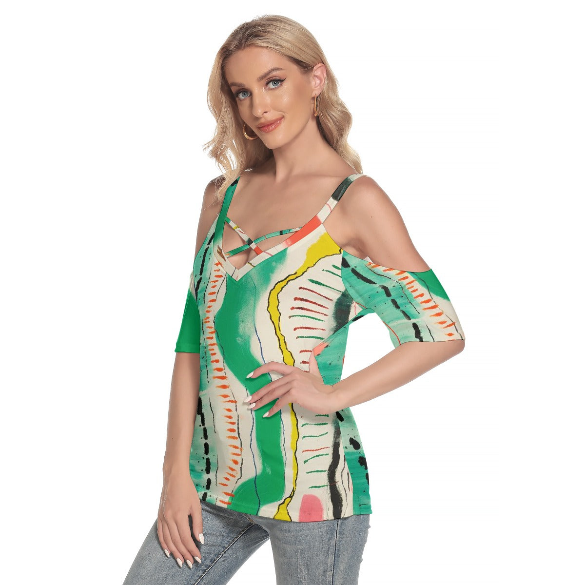 All-Over Print Women's Cold Shoulder T-shirt With Criss Cross Strips