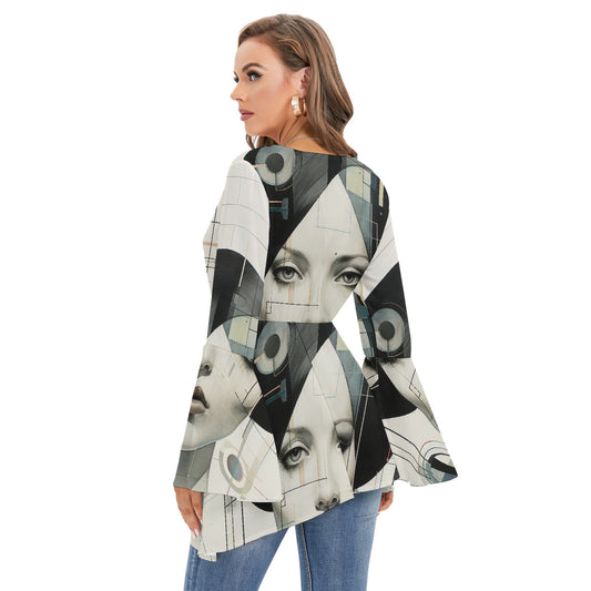 All-Over Print Women's V-neck Blouse With Flared Sleeves