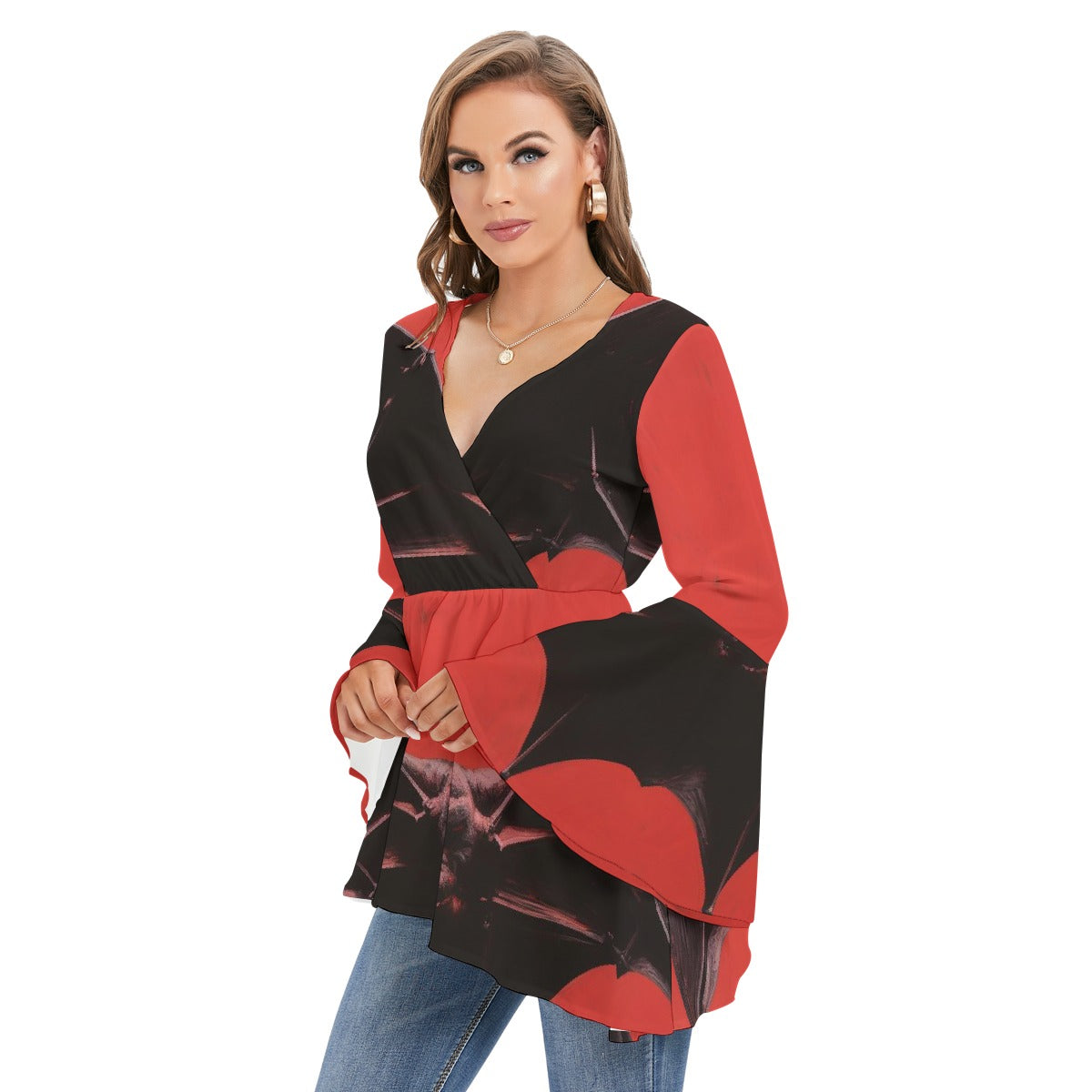 All-Over Print Women's V-neck Blouse With Flared Sleeves