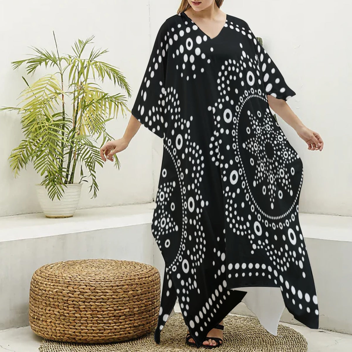 All-Over Print Women's Imitation Silk V-neck Kaftan Robe