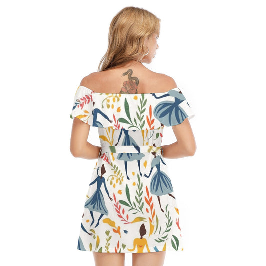 All-Over Print Women's Off-shoulder Dress With Ruffle