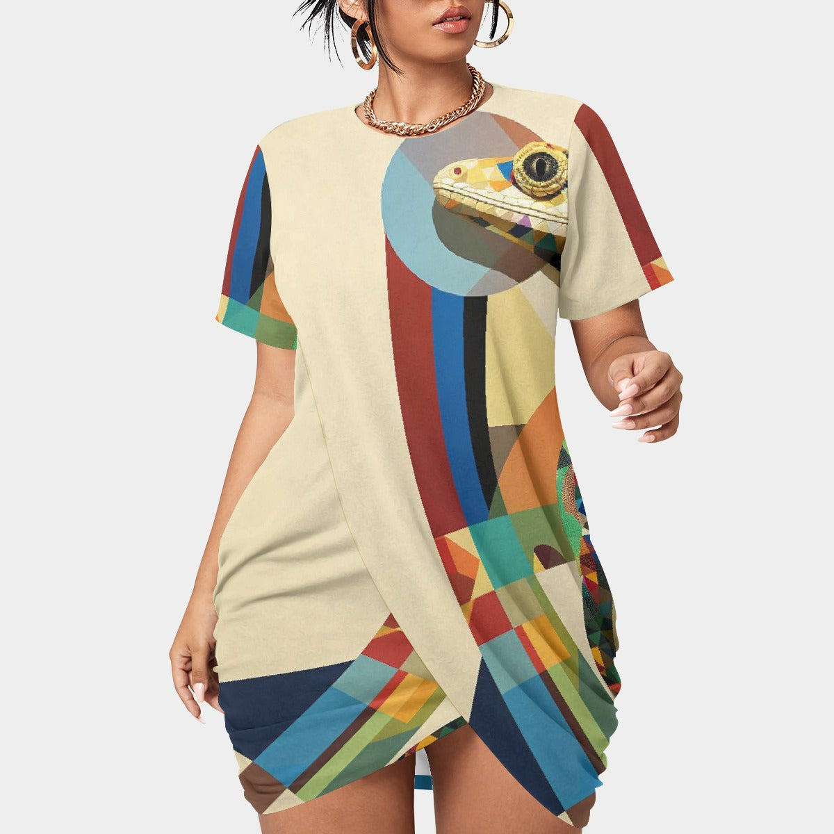 All-Over Print Women’s Stacked Hem Dress With Short Sleeve（Plus Size）