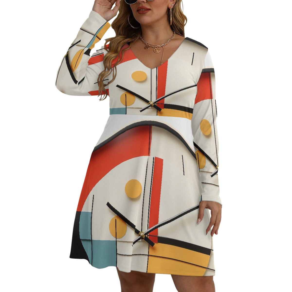 All-Over Print Women's V-neck Long Sleeve Dress(Plus Size)