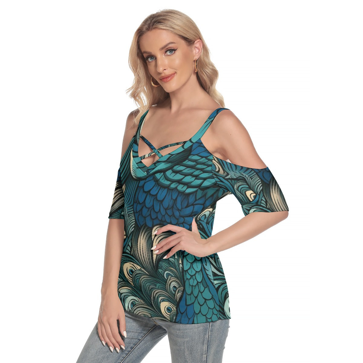 All-Over Print Women's Cold Shoulder T-shirt With Criss Cross Strips