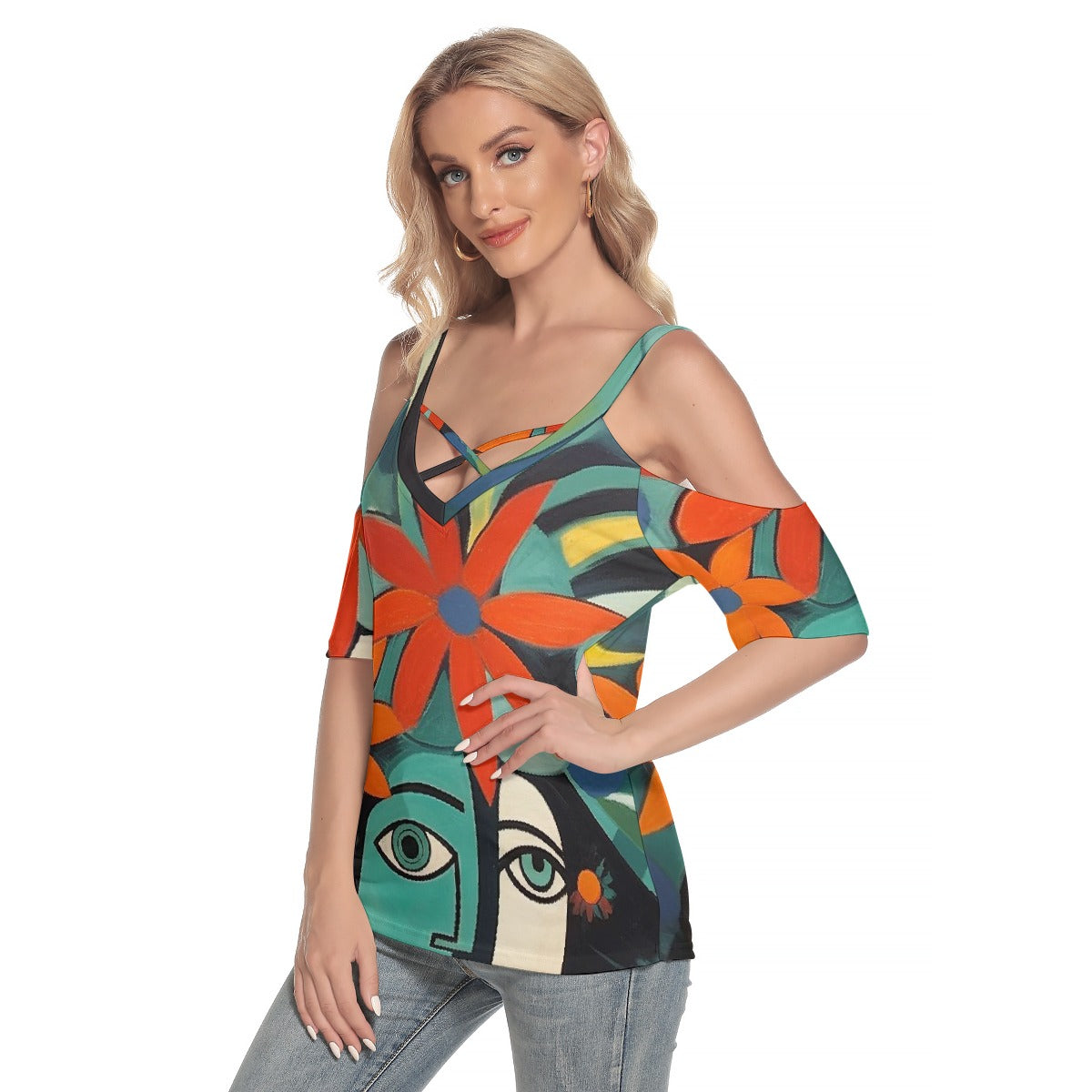 All-Over Print Women's Cold Shoulder T-shirt With Criss Cross Strips