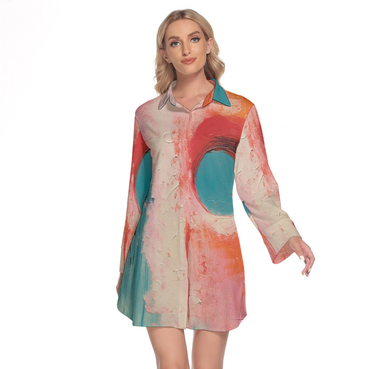 All-Over Print Women's Lapel Shirt Dress With Long Sleeve