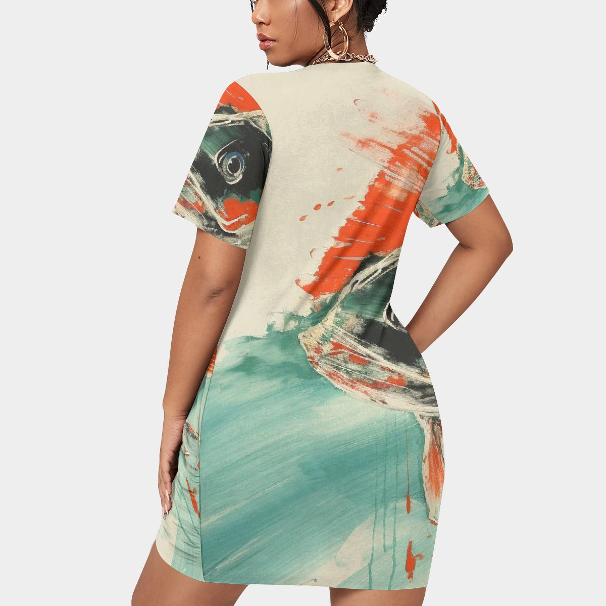 All-Over Print Women’s Stacked Hem Dress With Short Sleeve（Plus Size）