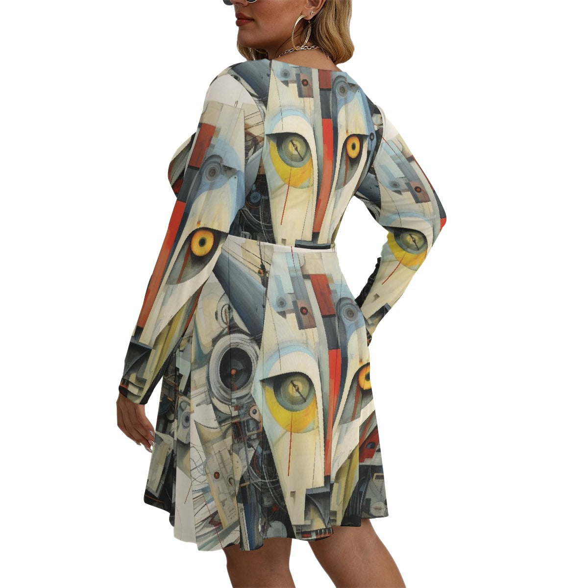 All-Over Print Women's V-neck Long Sleeve Dress(Plus Size)