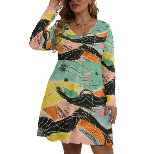 All-Over Print Women's V-neck Long Sleeve Dress(Plus Size)