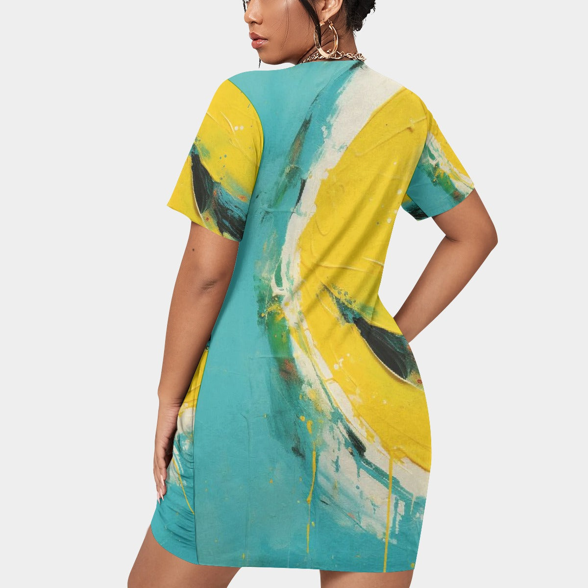 All-Over Print Women’s Stacked Hem Dress With Short Sleeve（Plus Size）