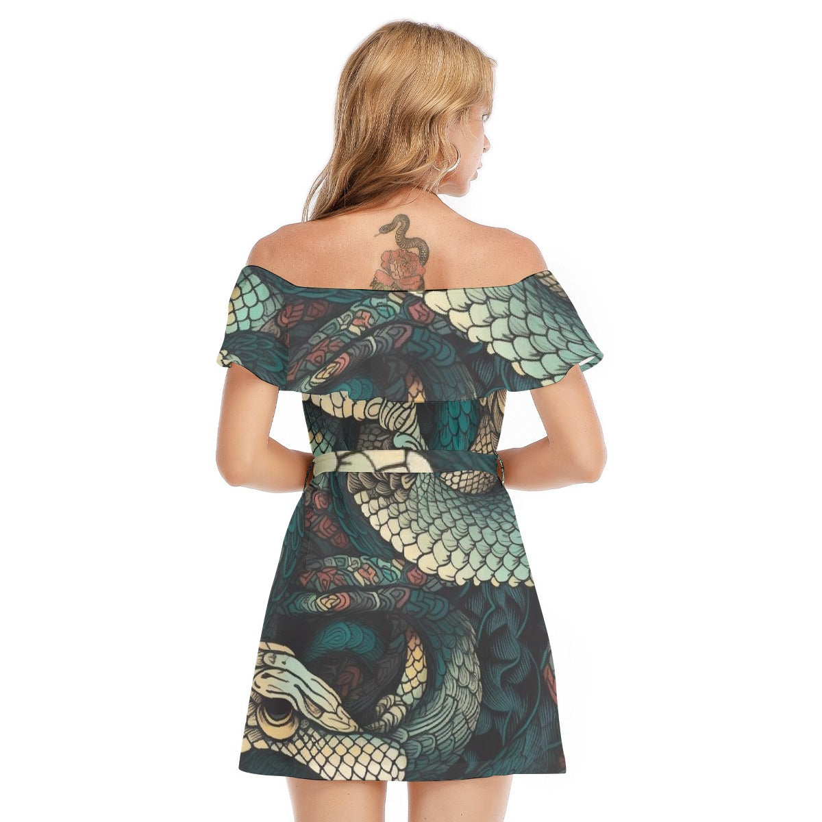 All-Over Print Women's Off-shoulder Dress With Ruffle