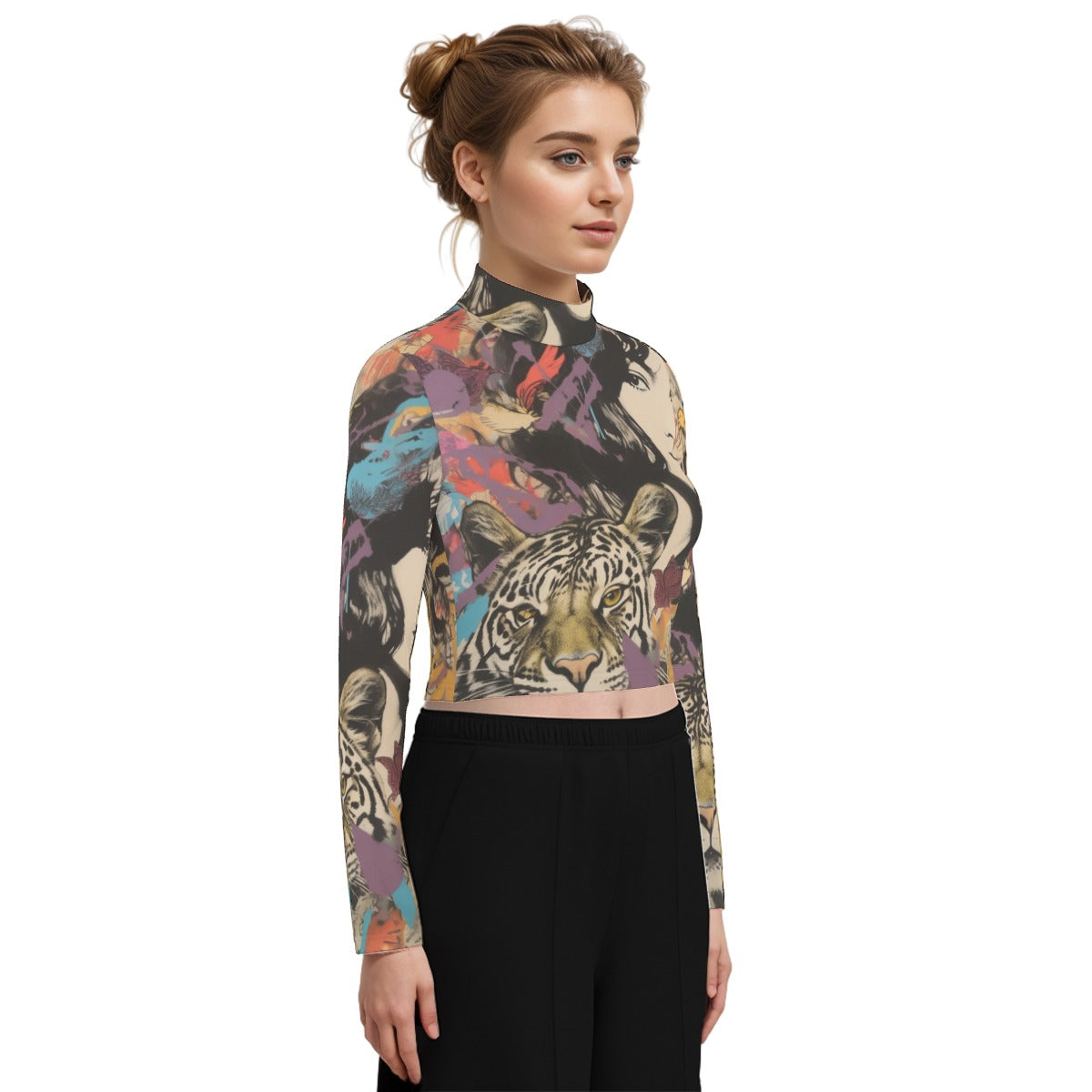 Eco-Friendly All-Over Print Women's Turtleneck T-shirt With Long Sleeve