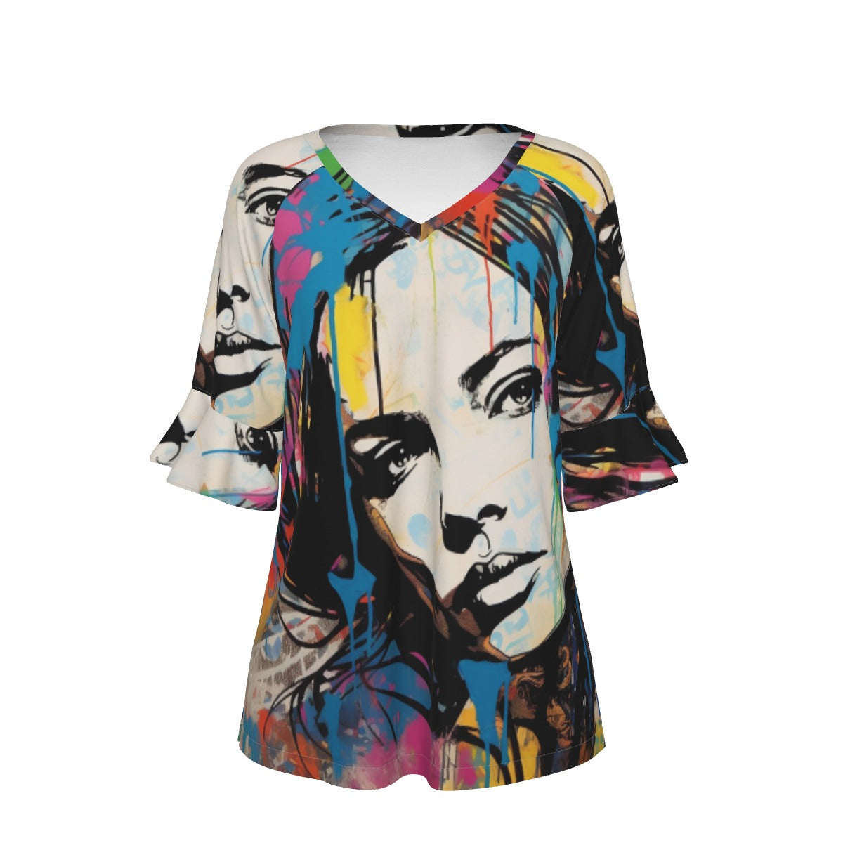 All-Over Print V-neck Women's T-shirt With Bell Sleeve