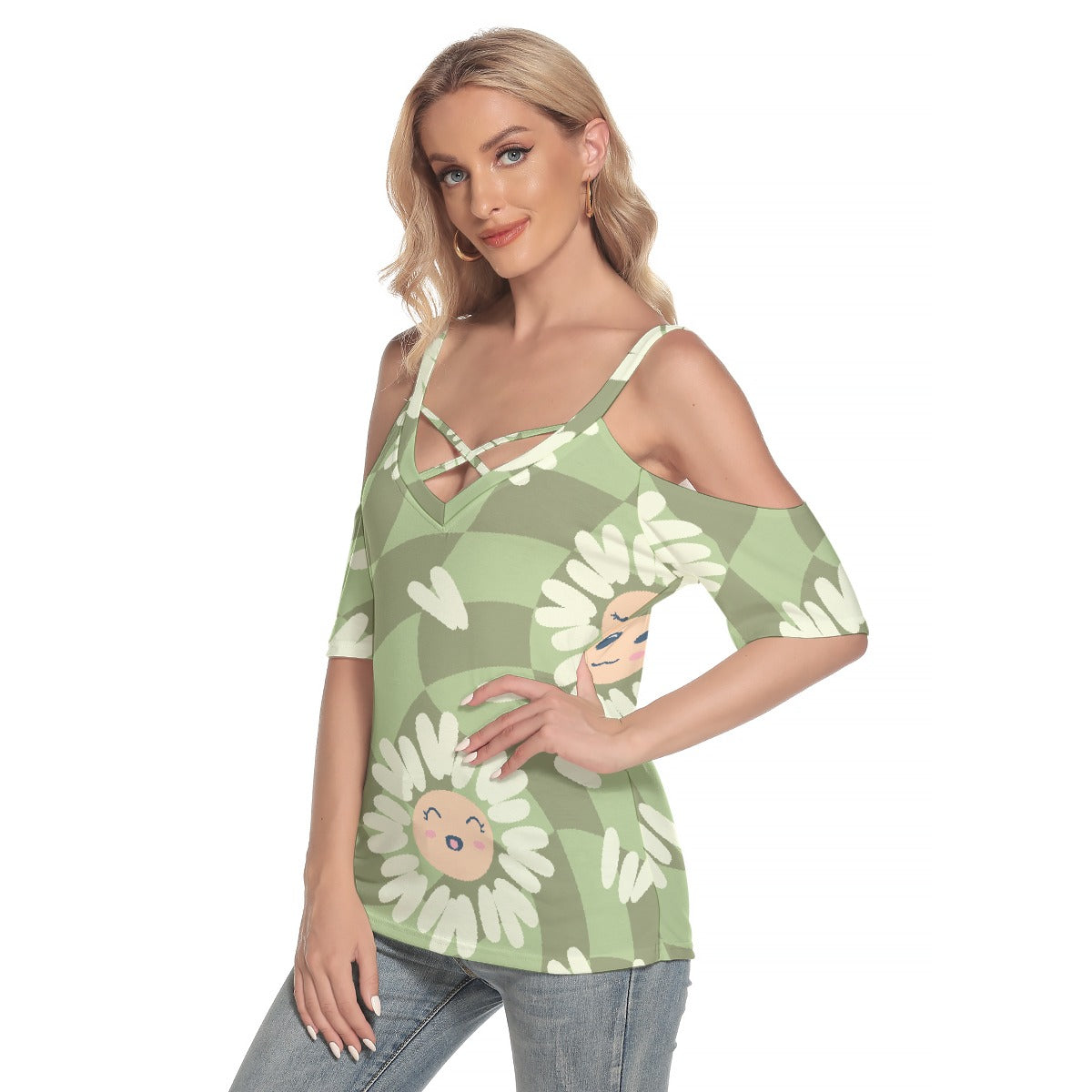 All-Over Print Women's Cold Shoulder T-shirt With Criss Cross Strips