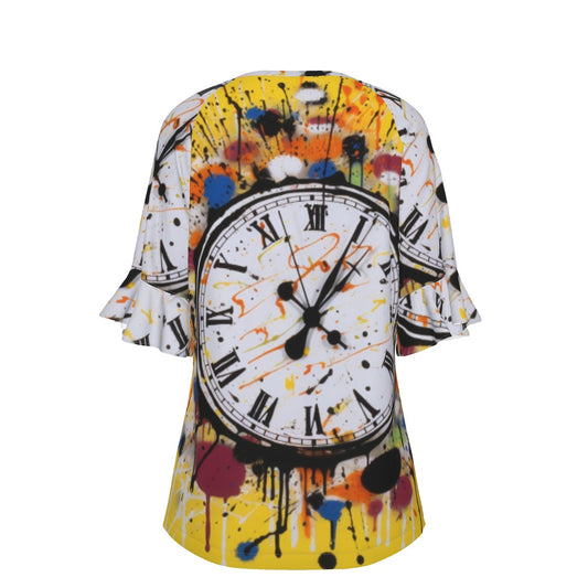 All-Over Print V-neck Women's T-shirt With Bell Sleeve