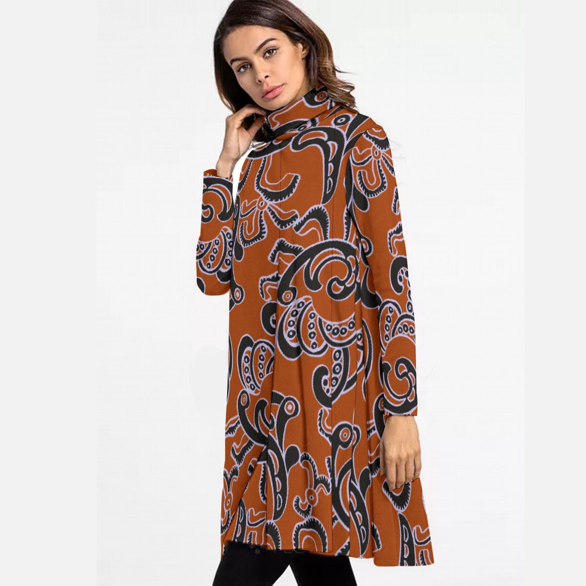 All-Over Print Women's High Neck Dress With Long Sleeve