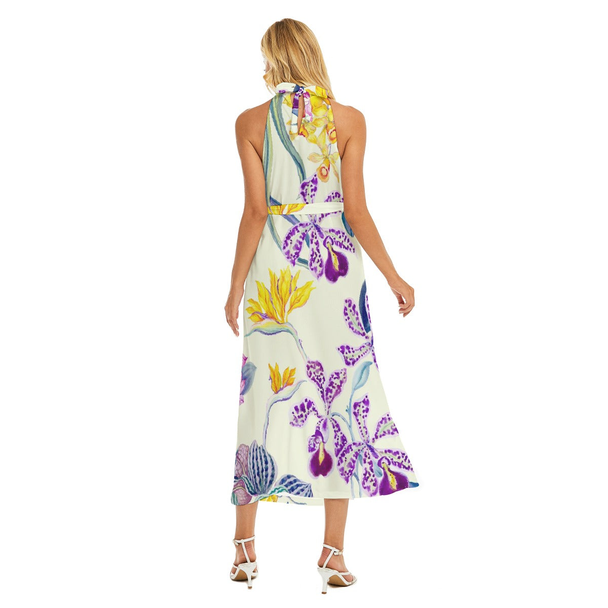 All-Over Print Women's Wrap Hem Belted Halter Dress