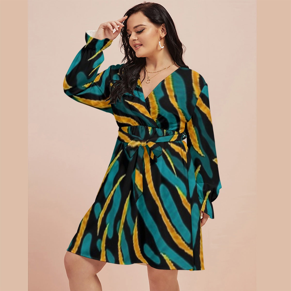 All-Over Print Women's V-neck Dress With Waistband(Plus Size)