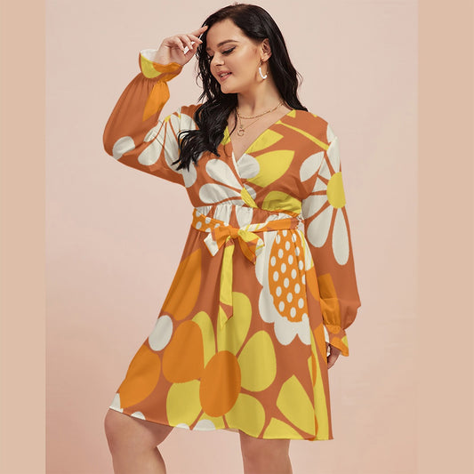 All-Over Print Women's V-neck Dress With Waistband(Plus Size)