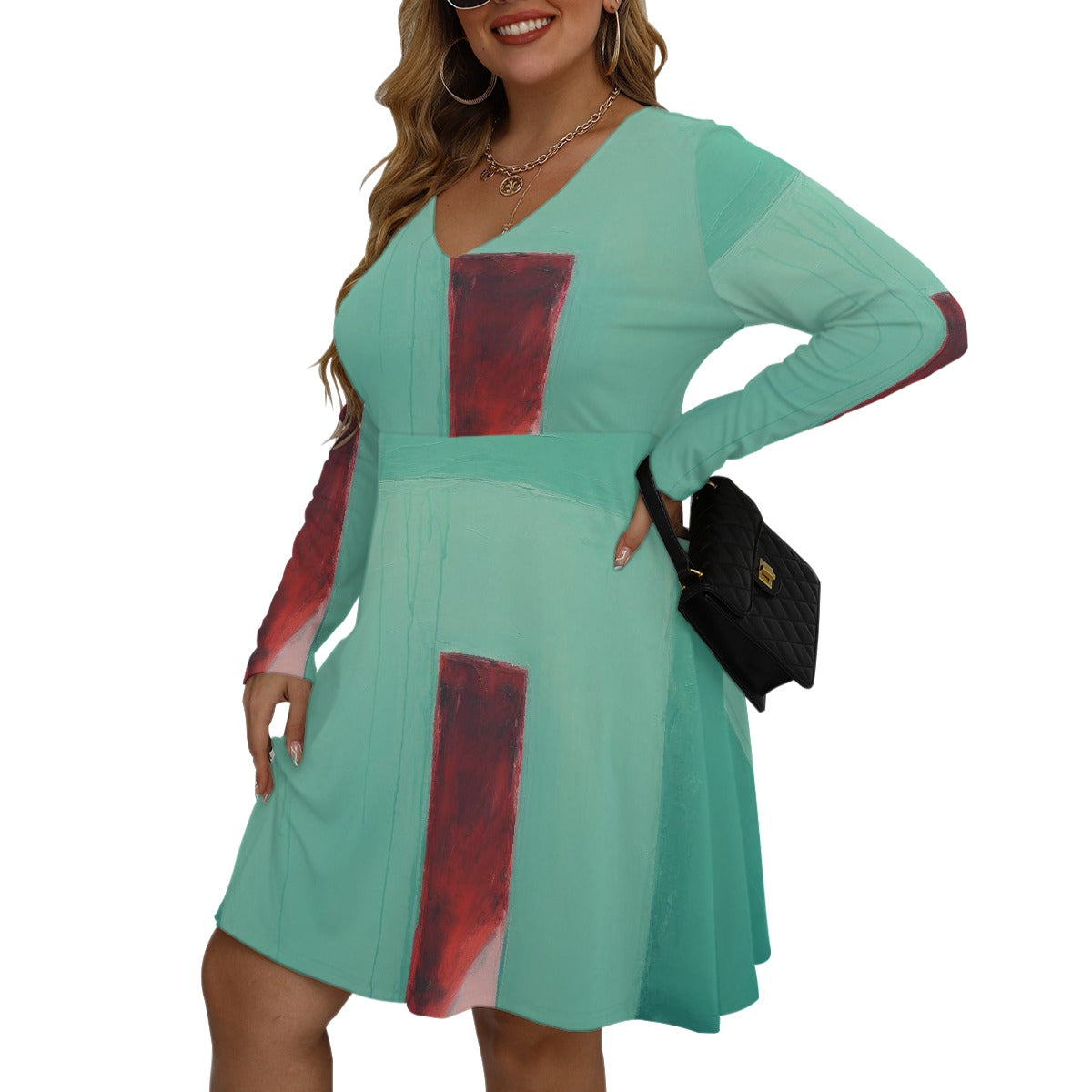 All-Over Print Women's V-neck Long Sleeve Dress(Plus Size)