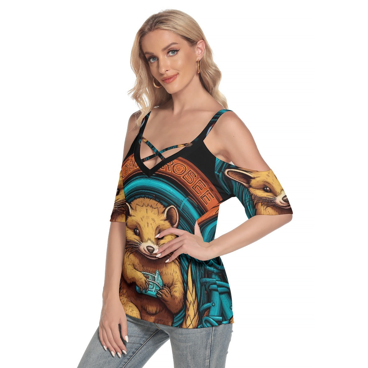 All-Over Print Women's Cold Shoulder T-shirt With Criss Cross Strips