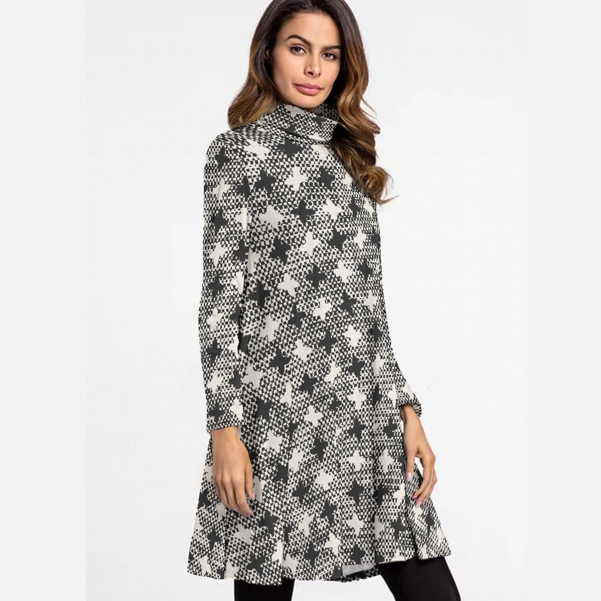 All-Over Print Women's High Neck Dress With Long Sleeve