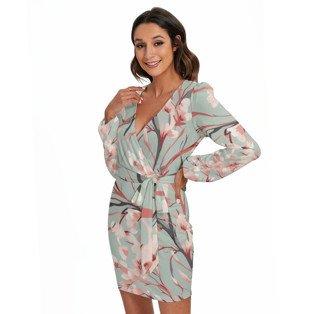 All-Over Print Women's Long Sleeve Dress With Waist Belt