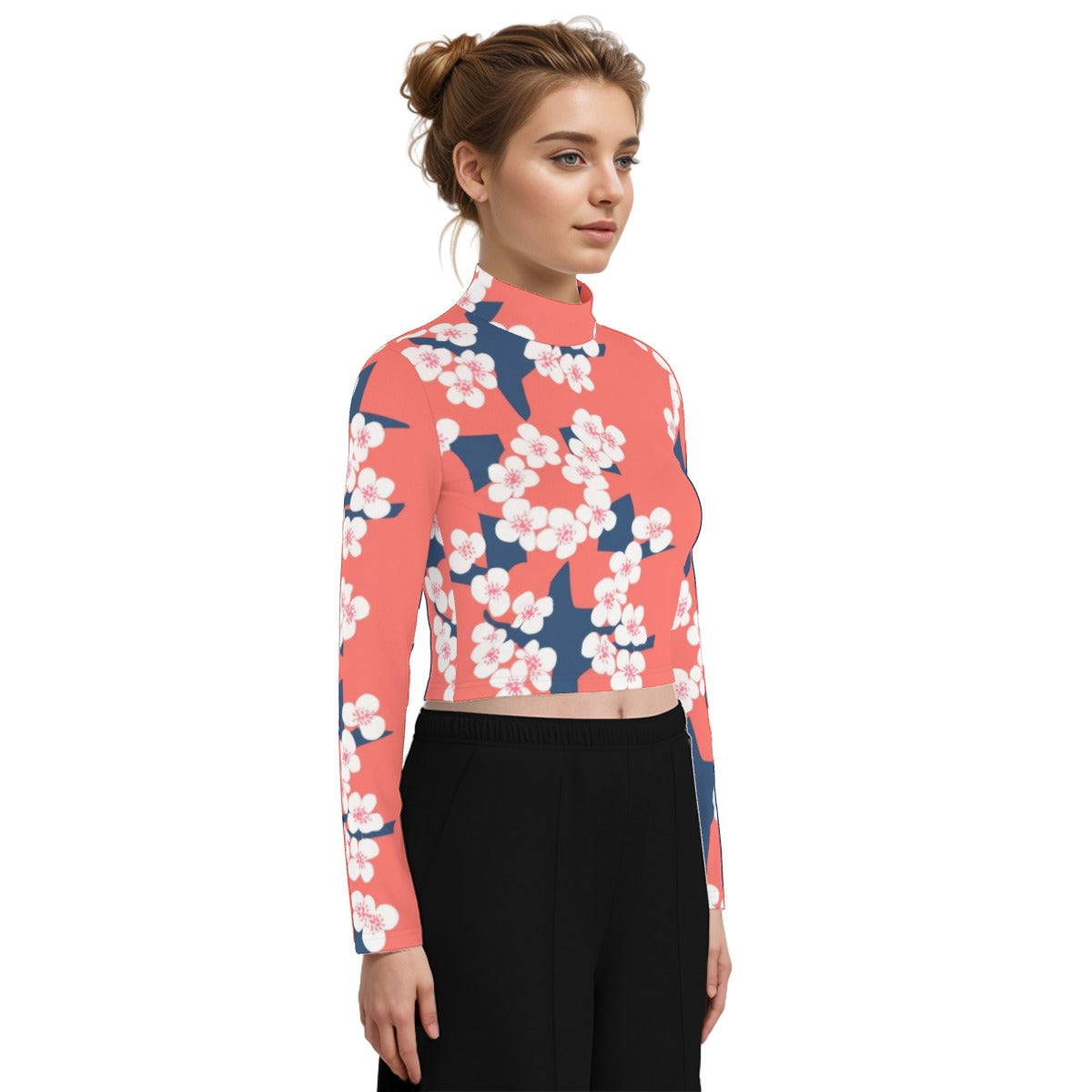 Eco-Friendly All-Over Print Women's Turtleneck T-shirt With Long Sleeve