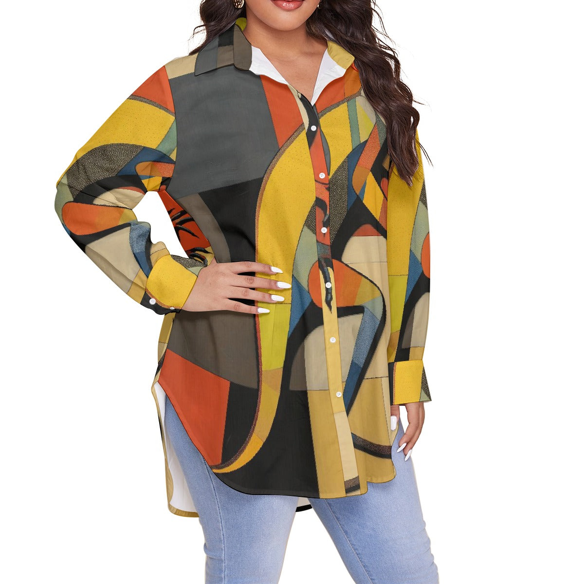 All-Over Print Women's Shirt With Long Sleeve(Plus Size)