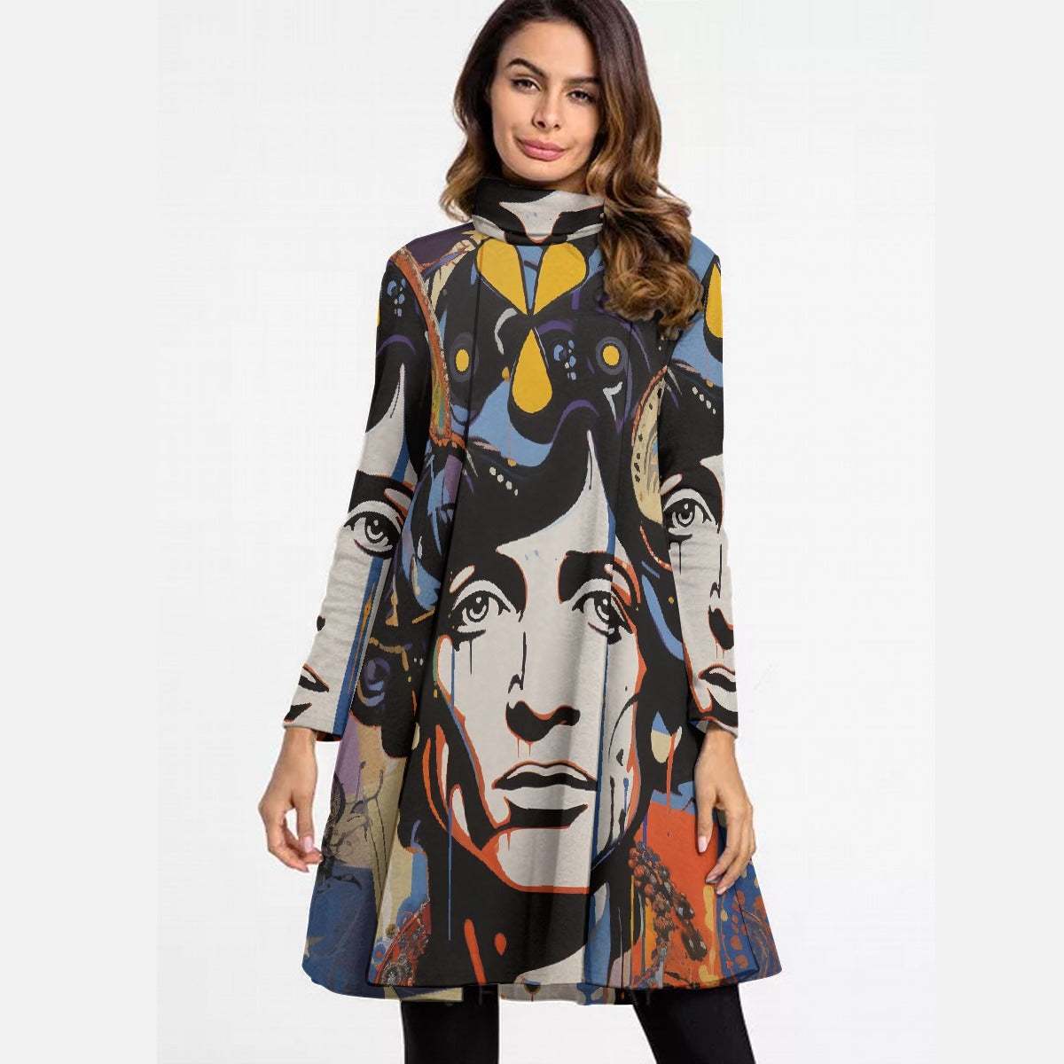 All-Over Print Women's High Neck Dress With Long Sleeve