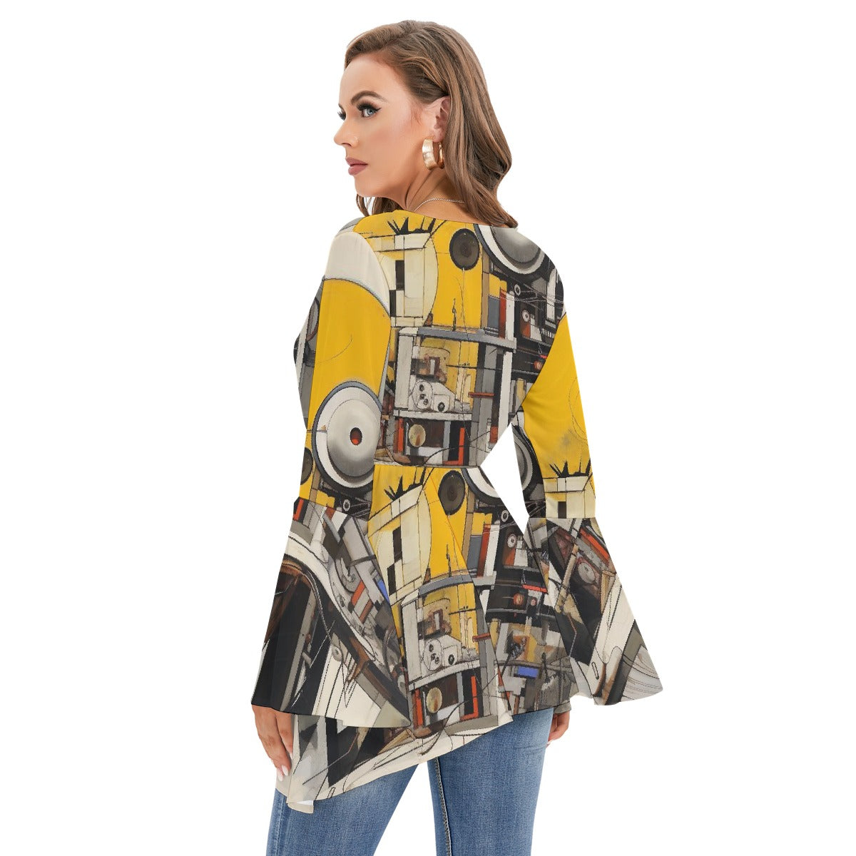 All-Over Print Women's V-neck Blouse With Flared Sleeves