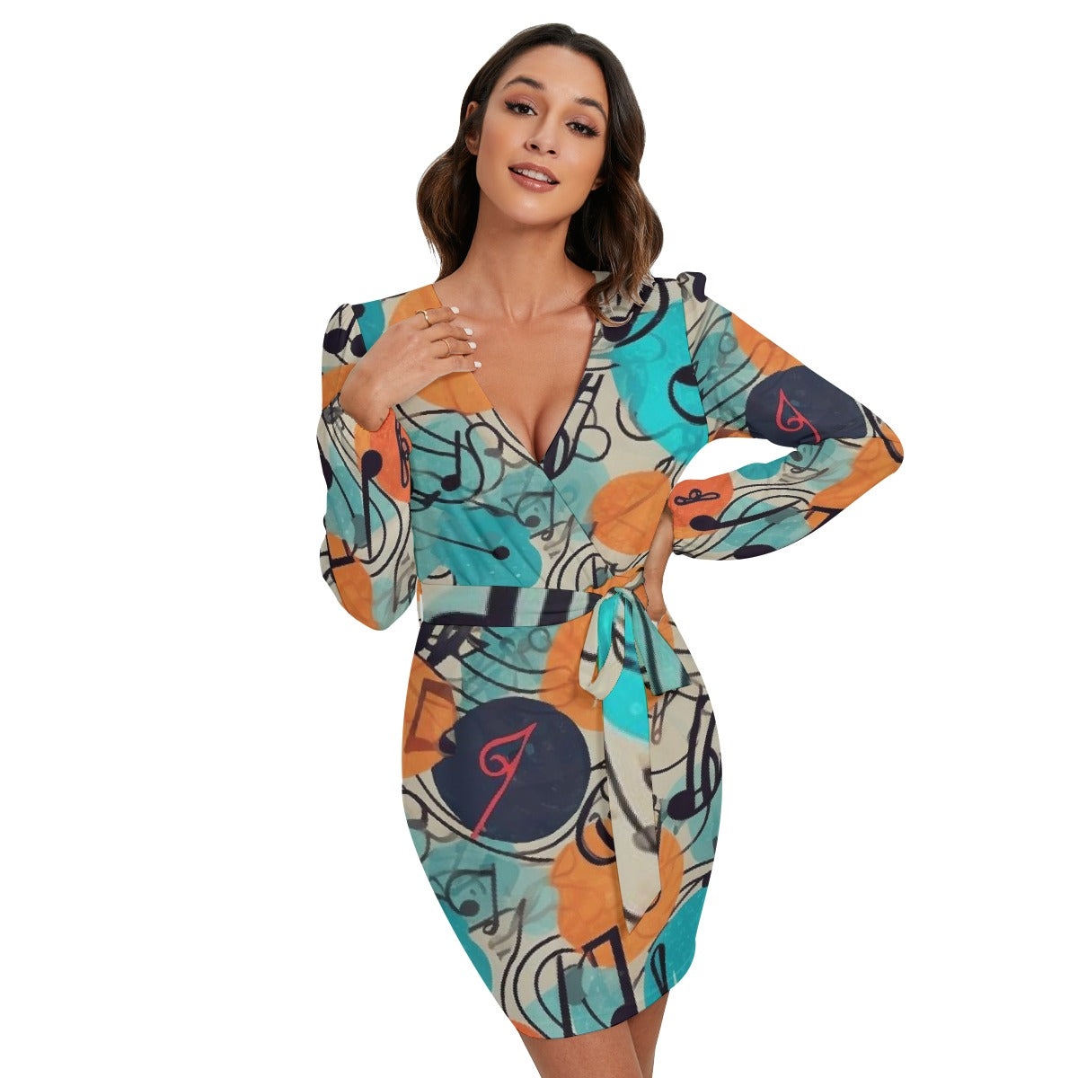 All-Over Print Women's Long Sleeve Dress With Waist Belt