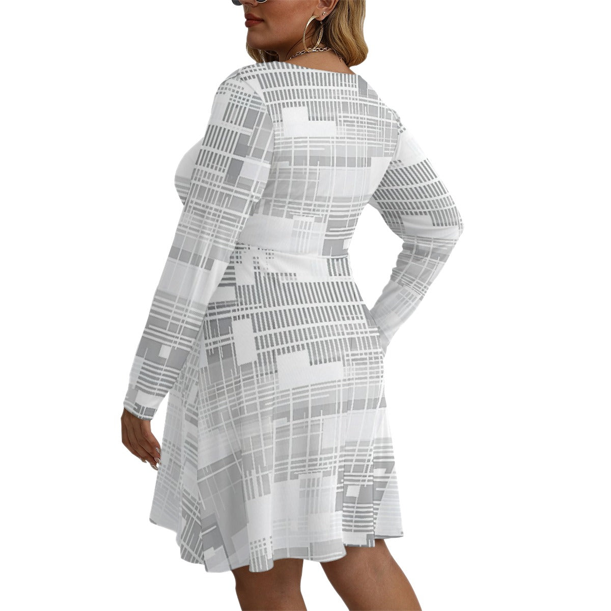 All-Over Print Women's V-neck Long Sleeve Dress(Plus Size)