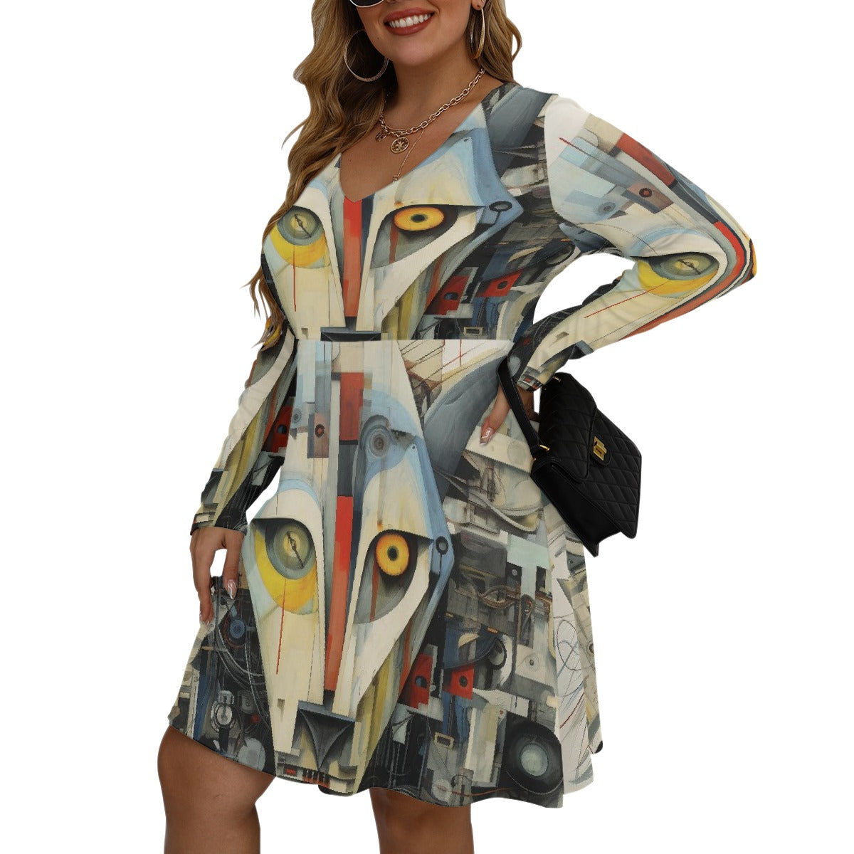 All-Over Print Women's V-neck Long Sleeve Dress(Plus Size)