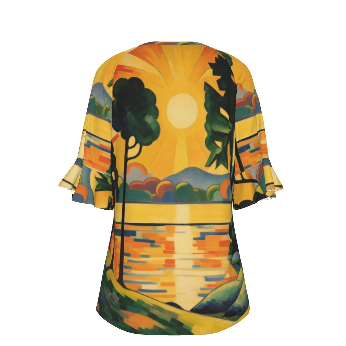 All-Over Print V-neck Women's T-shirt With Bell Sleeve