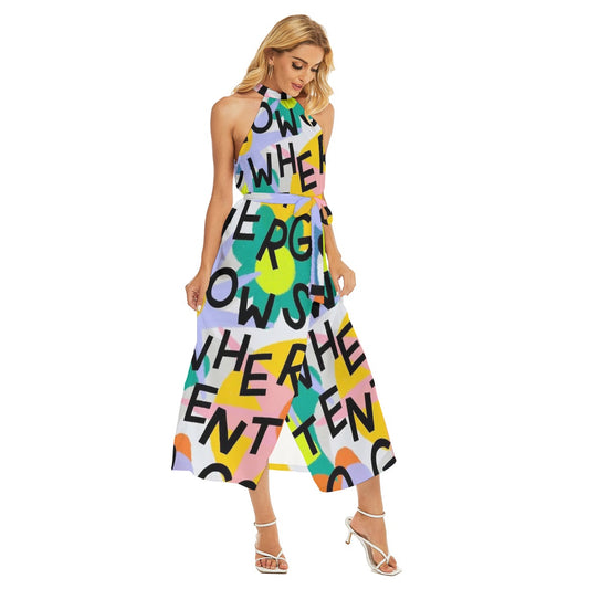 All-Over Print Women's Wrap Hem Belted Halter Dress