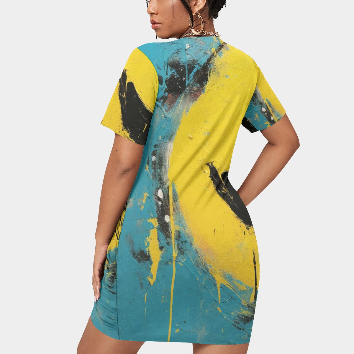 All-Over Print Women’s Stacked Hem Dress With Short Sleeve（Plus Size）