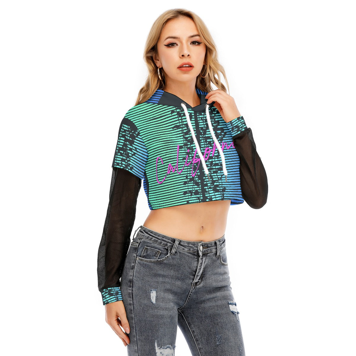 All-Over Print Women's Fake Two-piece Mesh Sleeve Cropped Hoodie